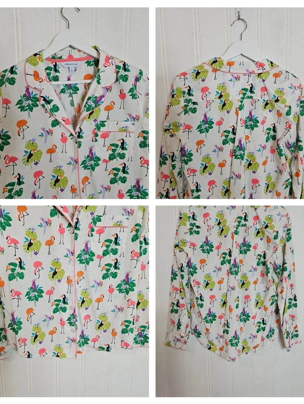 The Company Store Pajama Top S Cotton Poplin Tropical Flamingo Birds Print White